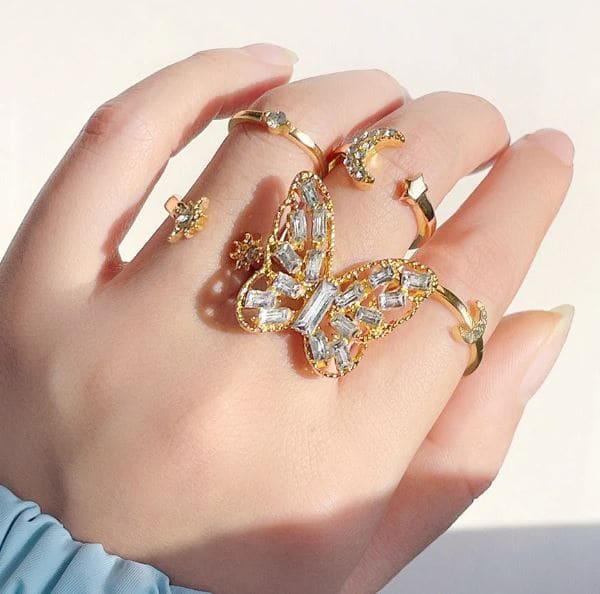 Set Of 5 Alloy Butterfly Star Moon Set Open Rings, Crystal Star Moon Butterfly Knuckle Finger Ring Set, Cartoon Moon Finger Rings Star Heart Jewellery Set Of 5 Alloy Butterfly Star Moon Set Open Rings, Crystal Star Moon Butterfly Knuckle Finger Ring Set, Cartoon Moon Finger Rings Star Heart Jewellery